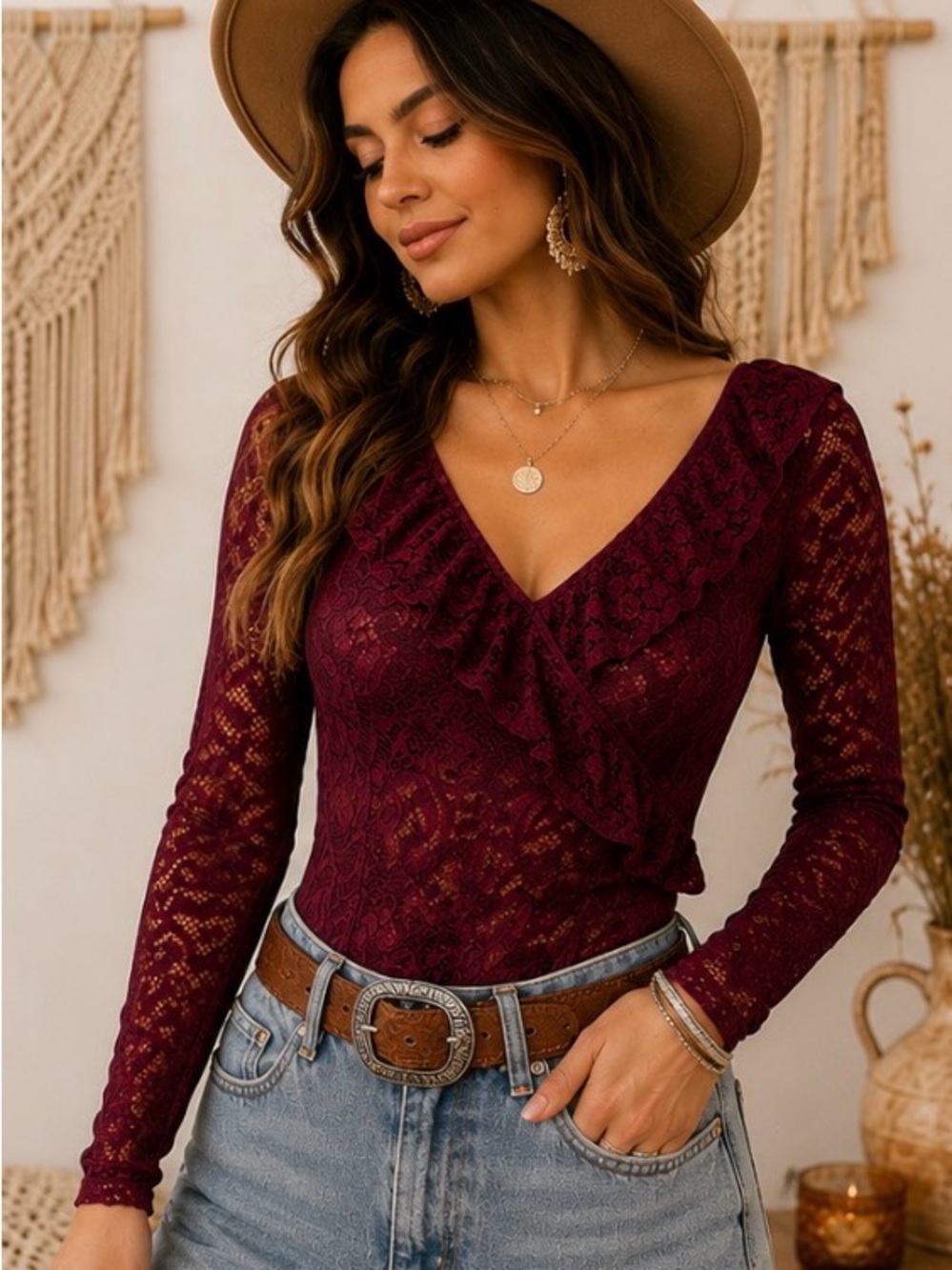 NWT Guess Los Angeles Leilani Lace Bodysuit XS Red Noir Shoulder Ruffle